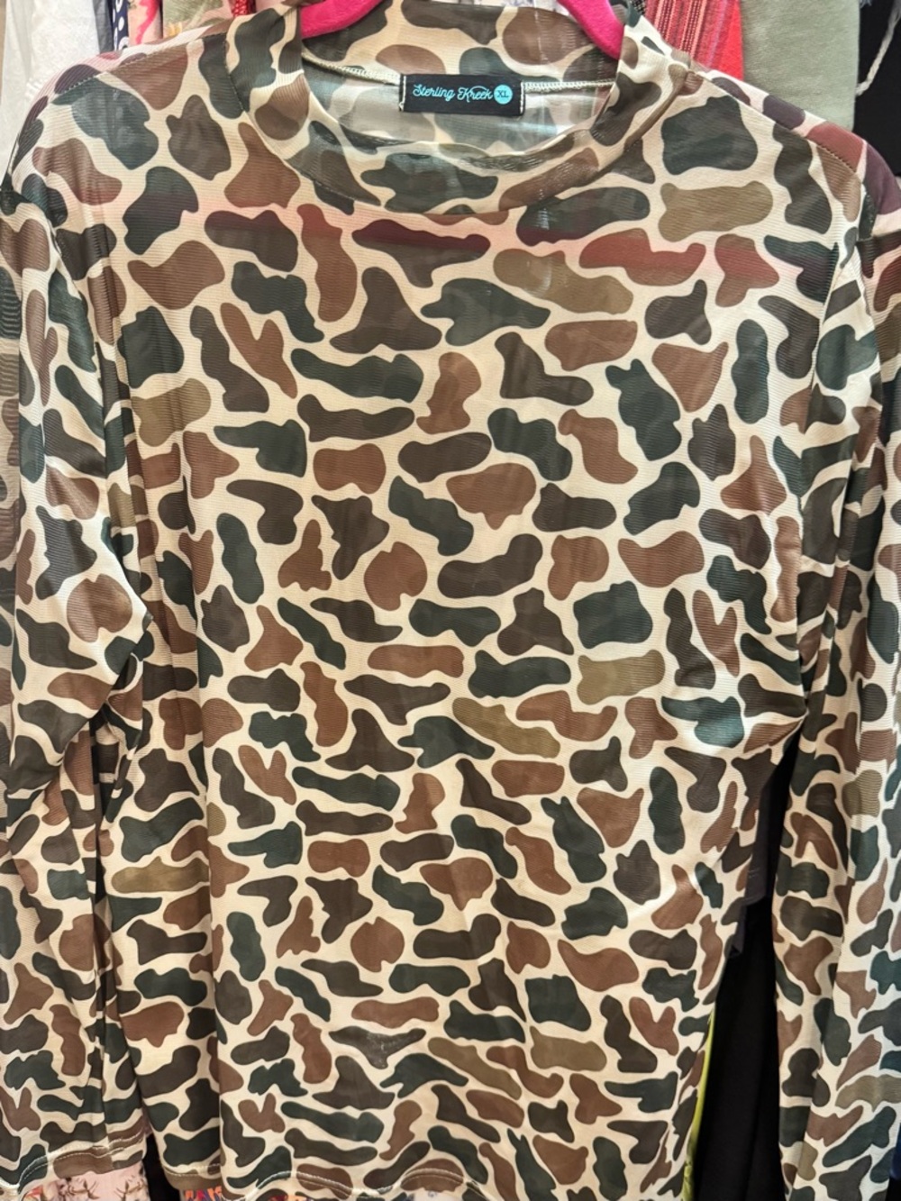 Camouflage Long-Sleeve Tunic Top - Mesh - Brown/Olive